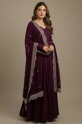 Wine sequins pure chanderi silk salwar suit