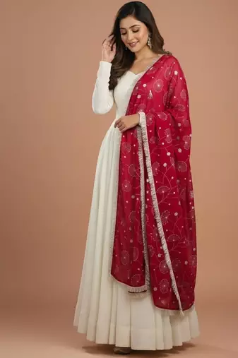 Cream embroidered pure silk salwar suit