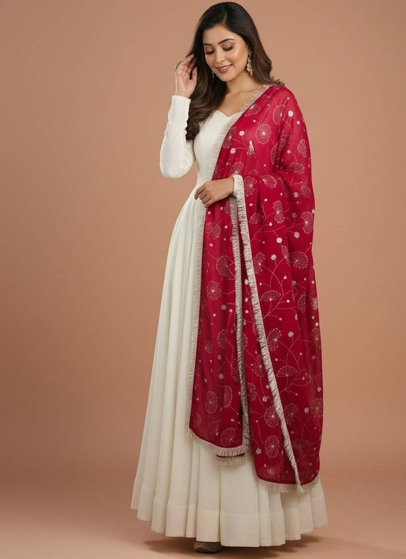 Cream embroidered pure silk salwar suit