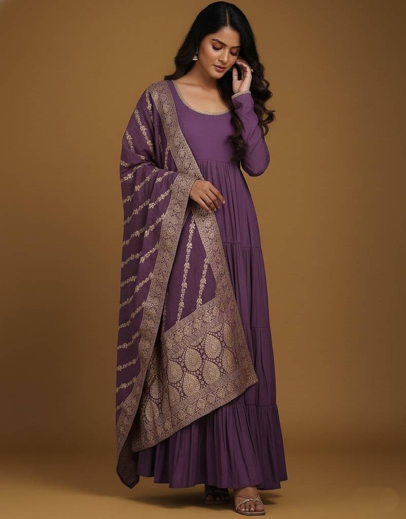 Mauve jacquard pure chanderi silk salwar suit