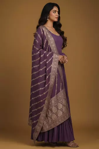 Mauve jacquard pure chanderi silk salwar suit