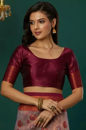 lavender wine silk blend banarasi saree with unstitched blouse piece
