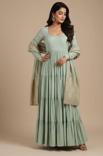 Light-green jacquard pure chanderi silk salwar suit