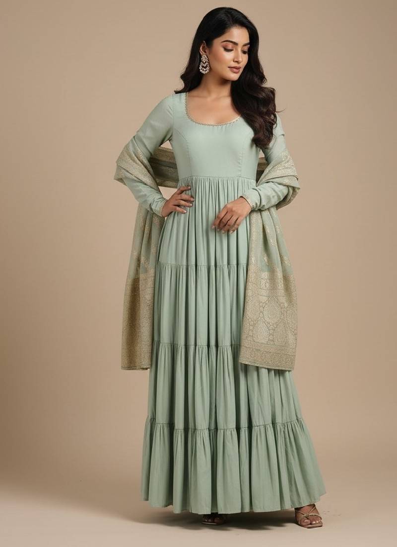 Light-green jacquard pure chanderi silk salwar suit