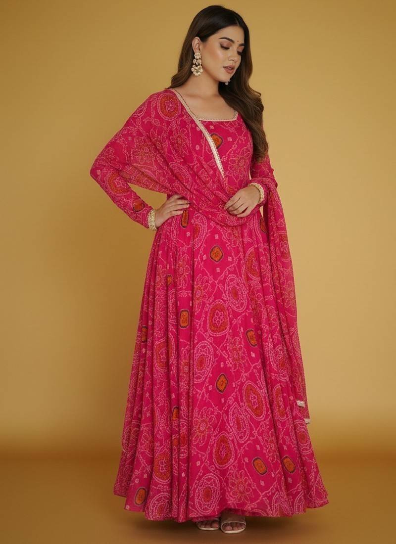 Rani-pink printed pure chiffon salwar suit