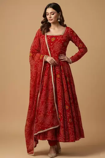 Red printed pure chiffon salwar suit