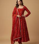 Red printed pure chiffon salwar suit