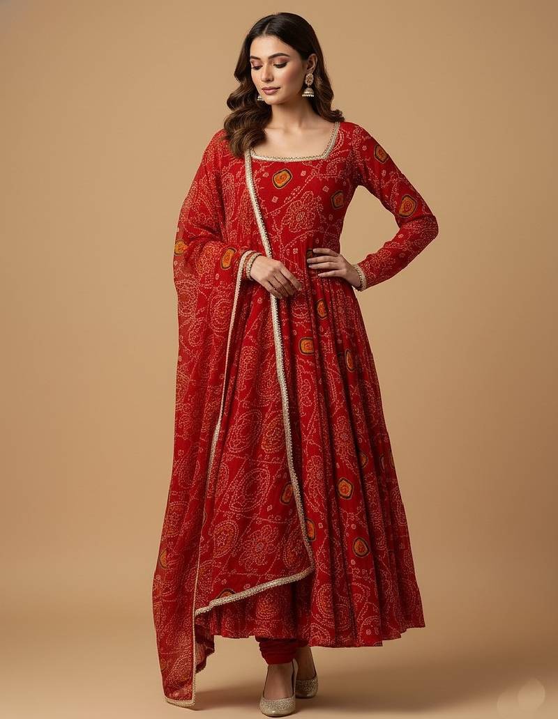Red printed pure chiffon salwar suit