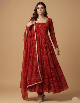 Red printed pure chiffon salwar suit 2