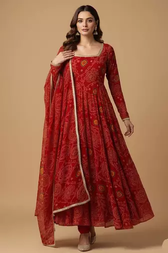 Red printed pure chiffon salwar suit