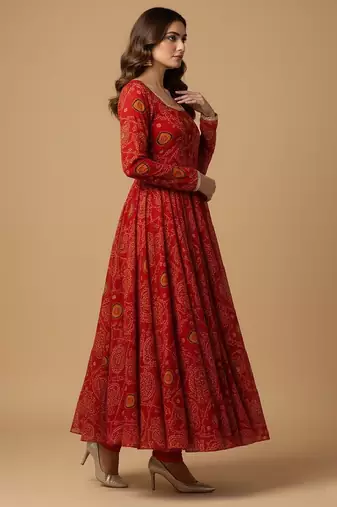 Red printed pure chiffon salwar suit