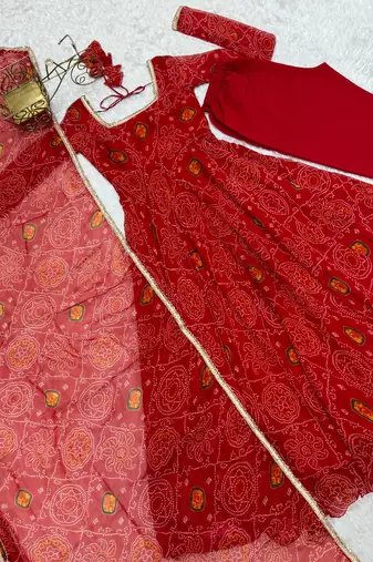 Red printed pure chiffon salwar suit