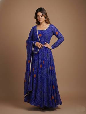 Royal-blue printed pure chiffon salwar suit 1