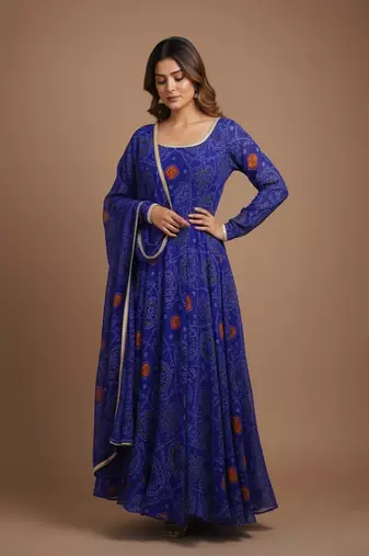 Royal-blue printed pure chiffon salwar suit