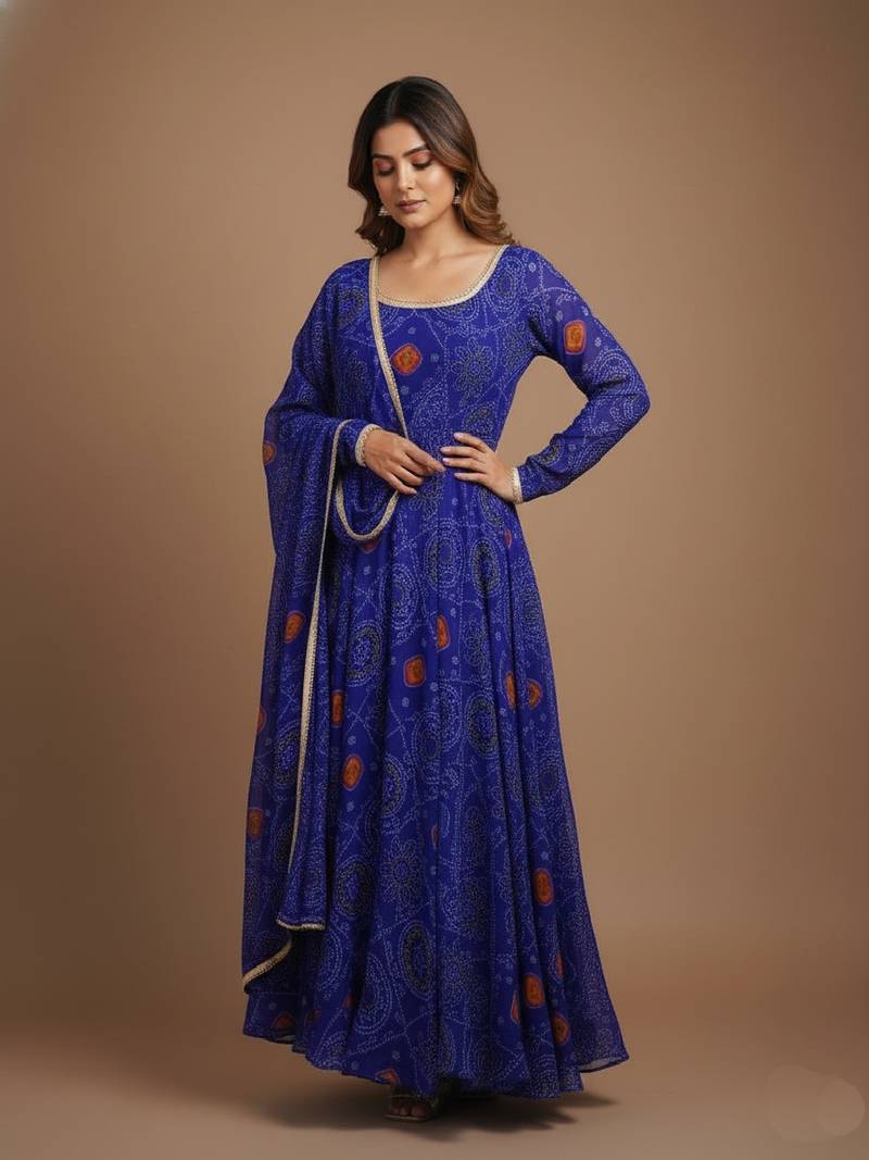 Royal-blue printed pure chiffon salwar suit