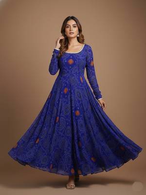 Royal-blue printed pure chiffon salwar suit 2