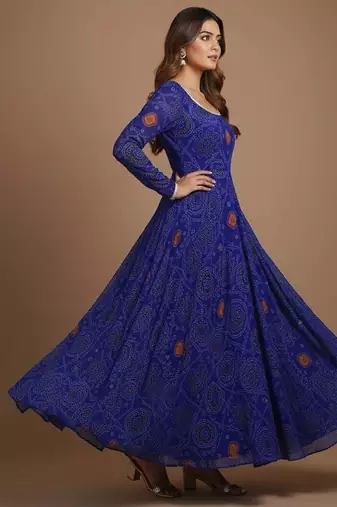 Royal-blue printed pure chiffon salwar suit