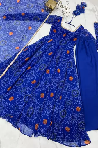 Royal-blue printed pure chiffon salwar suit
