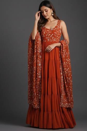 Orange embroidered pure georgette salwar suit