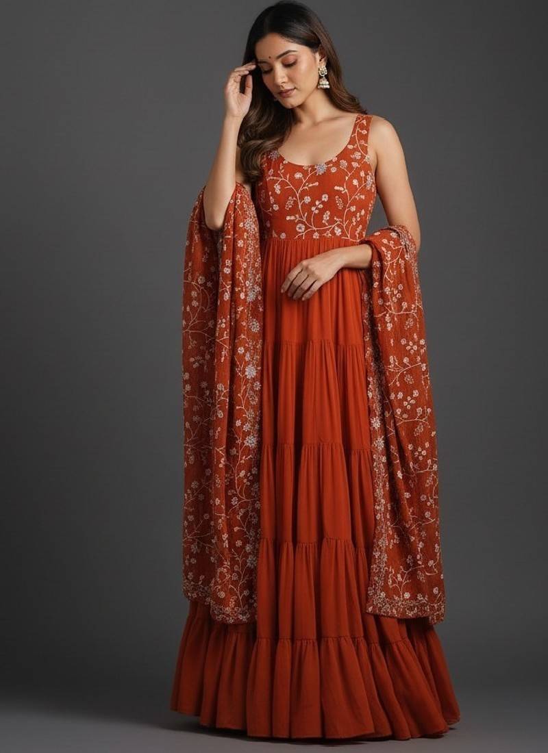 Orange embroidered pure georgette salwar suit