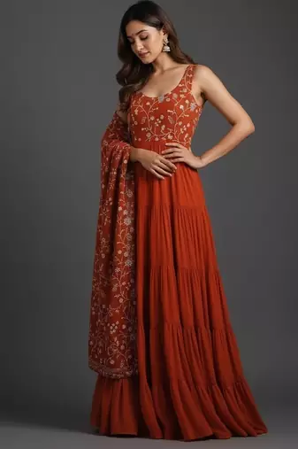 Orange embroidered pure georgette salwar suit