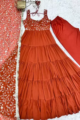 Orange embroidered pure georgette salwar suit