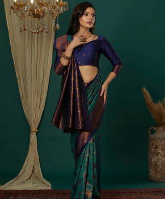sky neavy blue silk blend banarasi saree with unstitched blouse piece 1