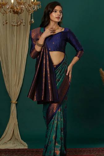 Sky neavy blue soft silk blend banarasi jacuard work designer party wear saree with unstitched blouse piece