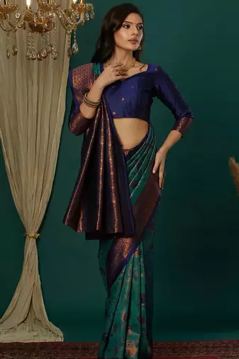 Sky neavy blue soft silk blend banarasi jacuard work designer party wear saree with unstitched blouse piece