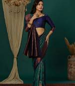 Sky neavy blue soft silk blend banarasi jacuard work designer party wear saree with unstitched blouse piece