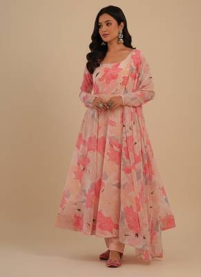 Peach printed faux georgette salwar suit 1