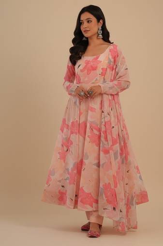 Peach printed faux georgette salwar suit