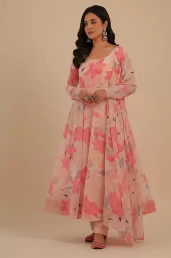 Peach printed faux georgette salwar suit