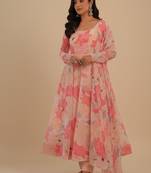 Peach printed faux georgette salwar suit