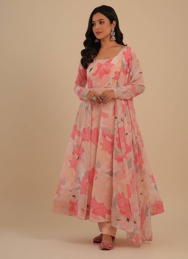 Peach printed faux georgette salwar suit