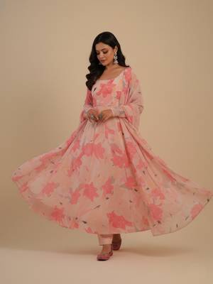 Peach printed faux georgette salwar suit 2