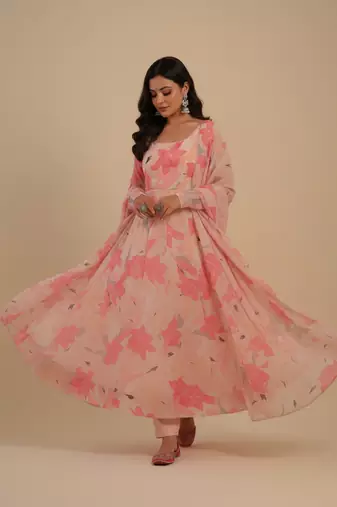 Peach printed faux georgette salwar suit