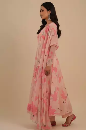 Peach printed faux georgette salwar suit