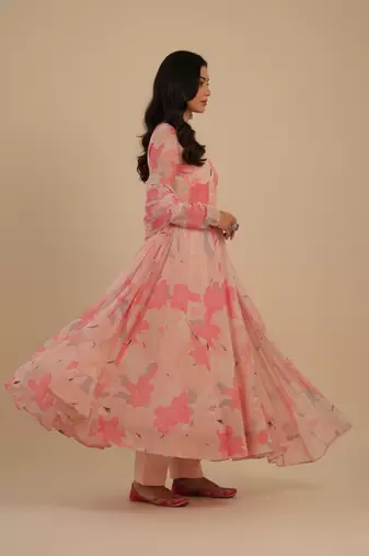 Peach printed faux georgette salwar suit