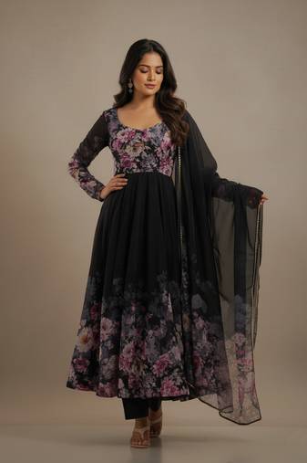 Black printed pure organza salwar suit