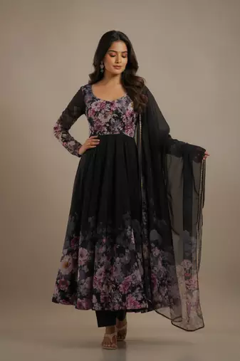 Black printed pure organza salwar suit