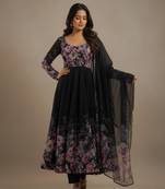 Black printed pure organza salwar suit