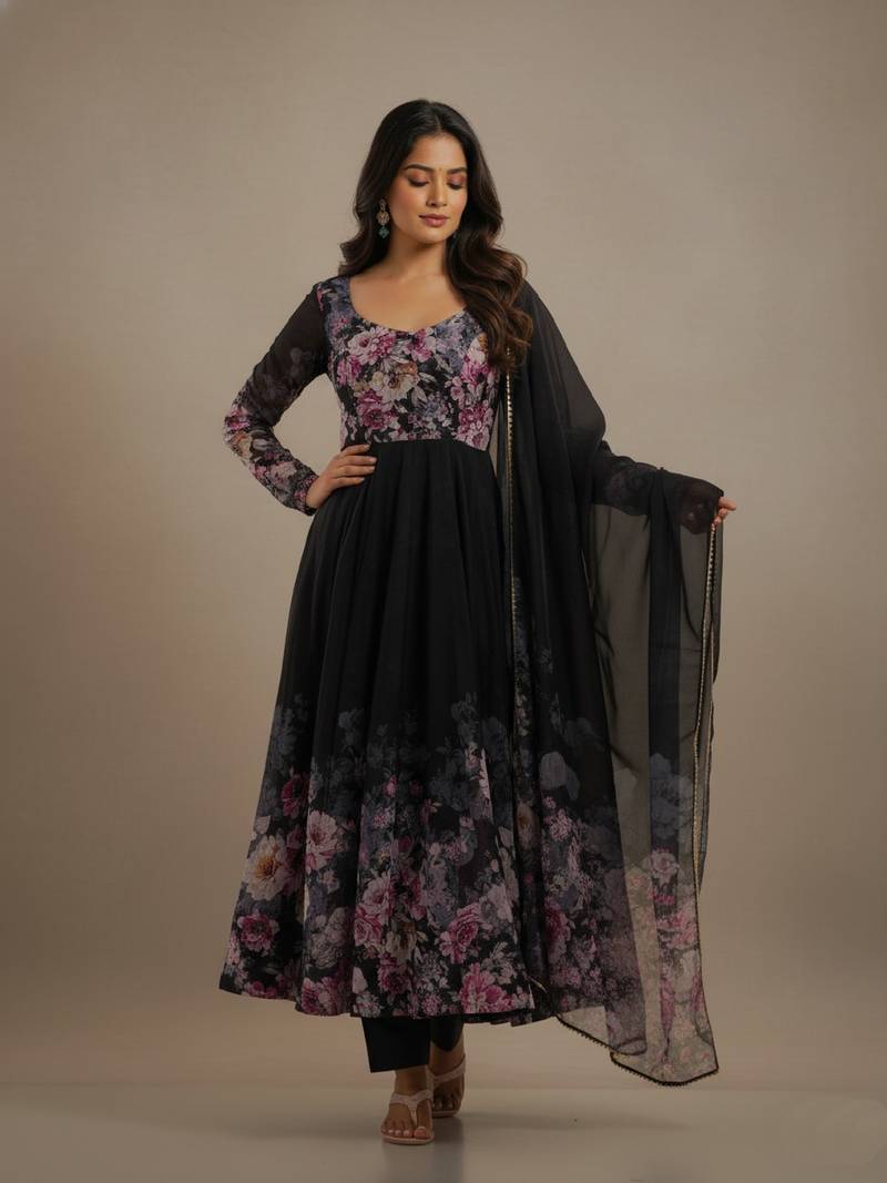 Black printed pure organza salwar suit