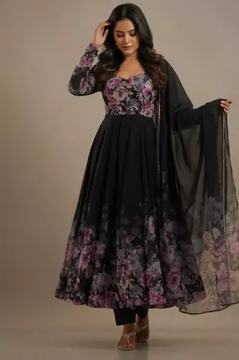 Black printed pure organza salwar suit