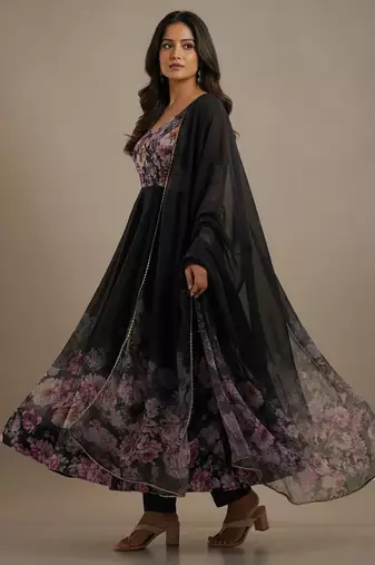 Black printed pure organza salwar suit
