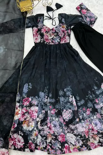 Black printed pure organza salwar suit