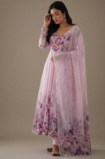 Pink printed pure organza salwar suit