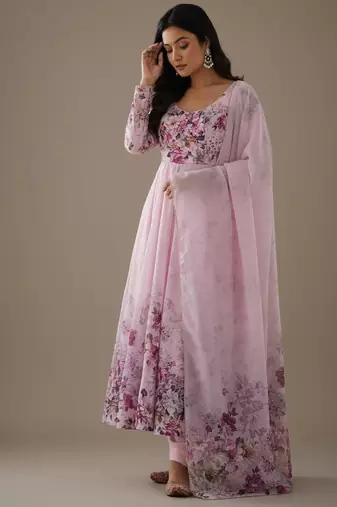 Pink printed pure organza salwar suit