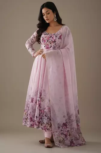 Pink printed pure organza salwar suit