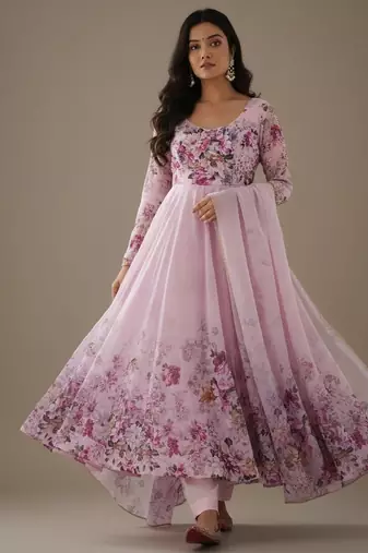 Pink printed pure organza salwar suit